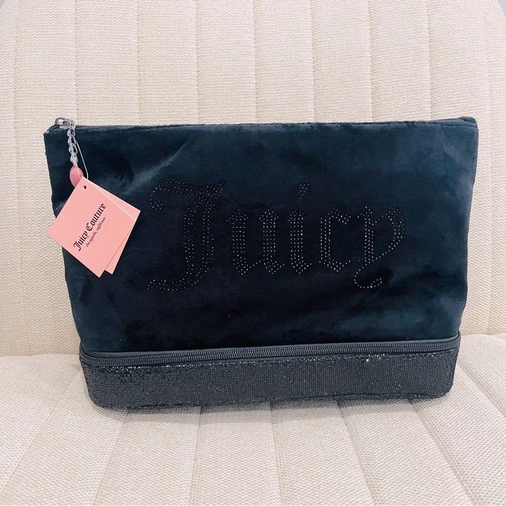 NEW Juicy Couture Black Velour Rhinestone‎ Travel Cosmetic Bag Dual Compartment